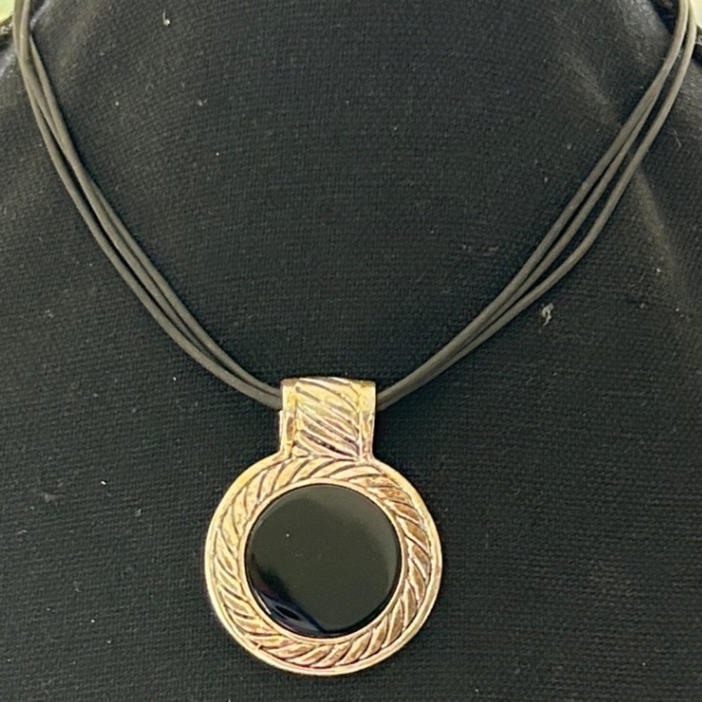 Signed RMN Roman Black Stone Pendant Necklace Gold Tone Black Multi Cord Choker
